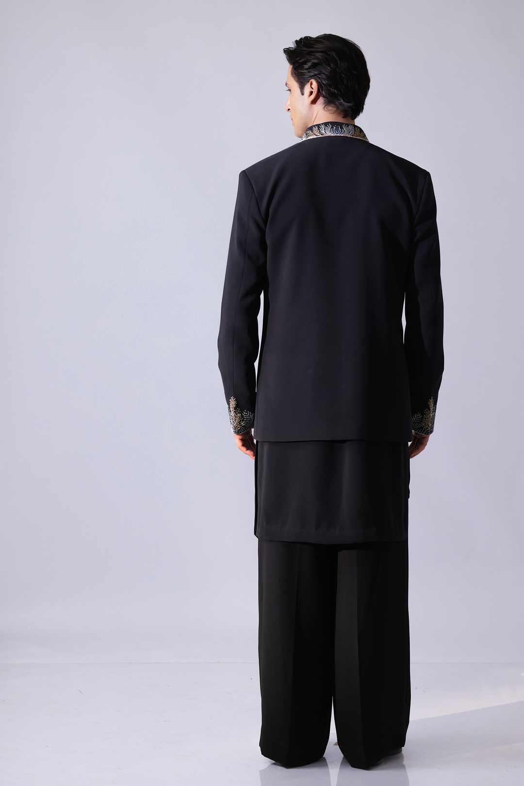 COAT - Black open style bandgala jacket with feather embroidery mot