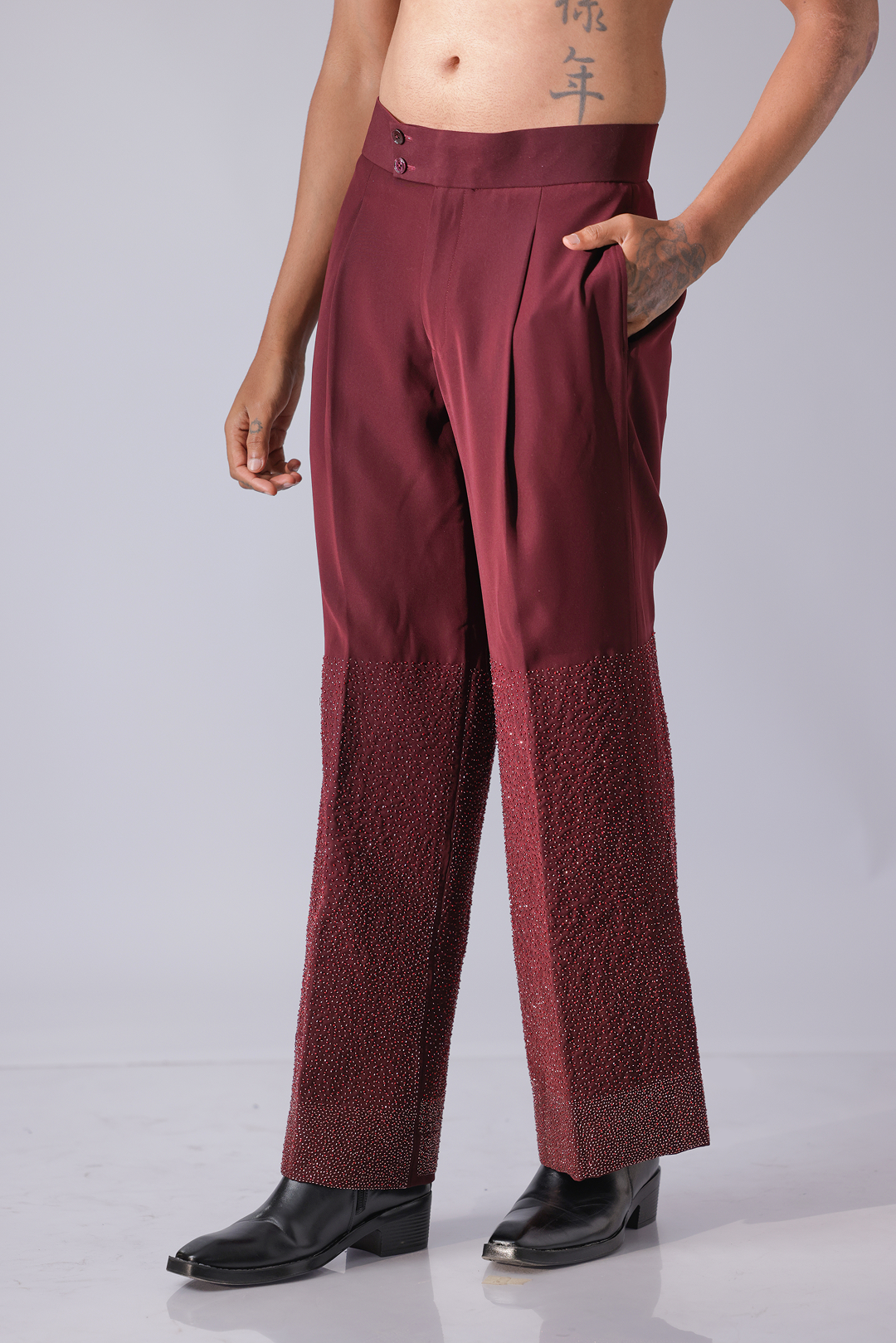 2PC SUIT - Maroon Statment Suit with a fluid pleated panel and gradient