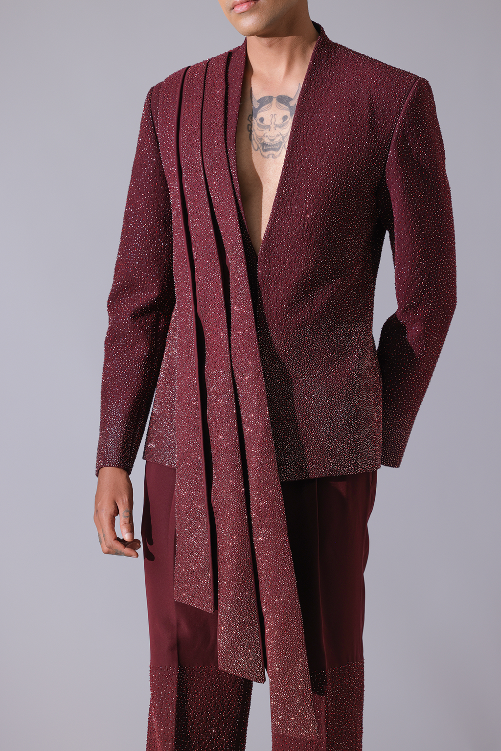2PC SUIT - Maroon Statment Suit with a fluid pleated panel and gradient