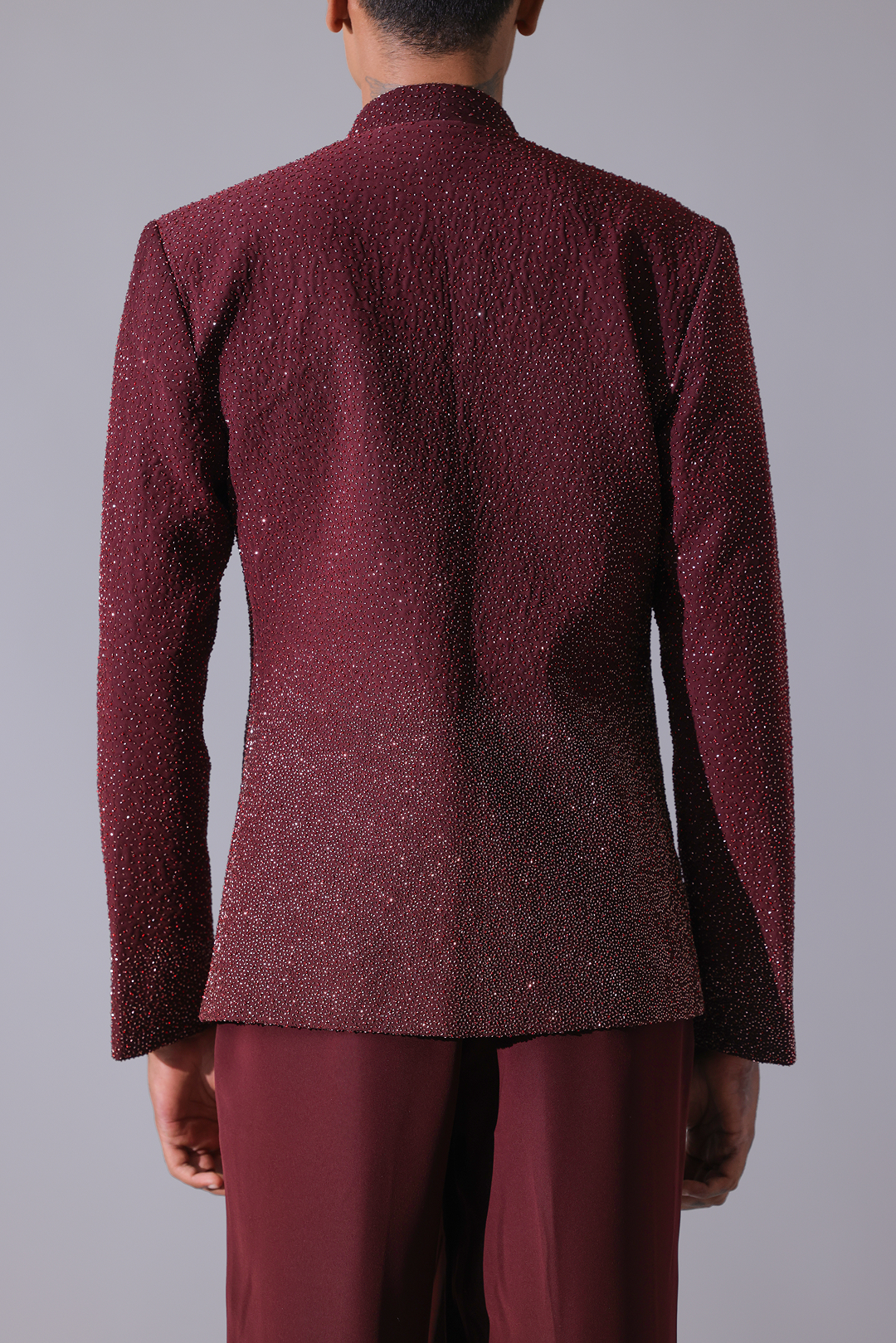 2PC SUIT - Maroon Statment Suit with a fluid pleated panel and gradient