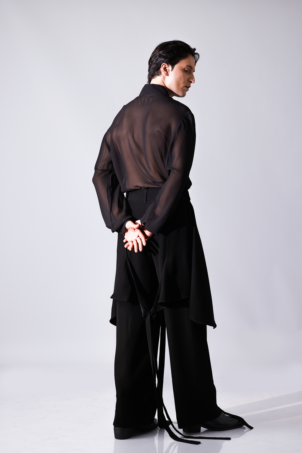 PANT - Black pants with overlap tie-up panel front & back