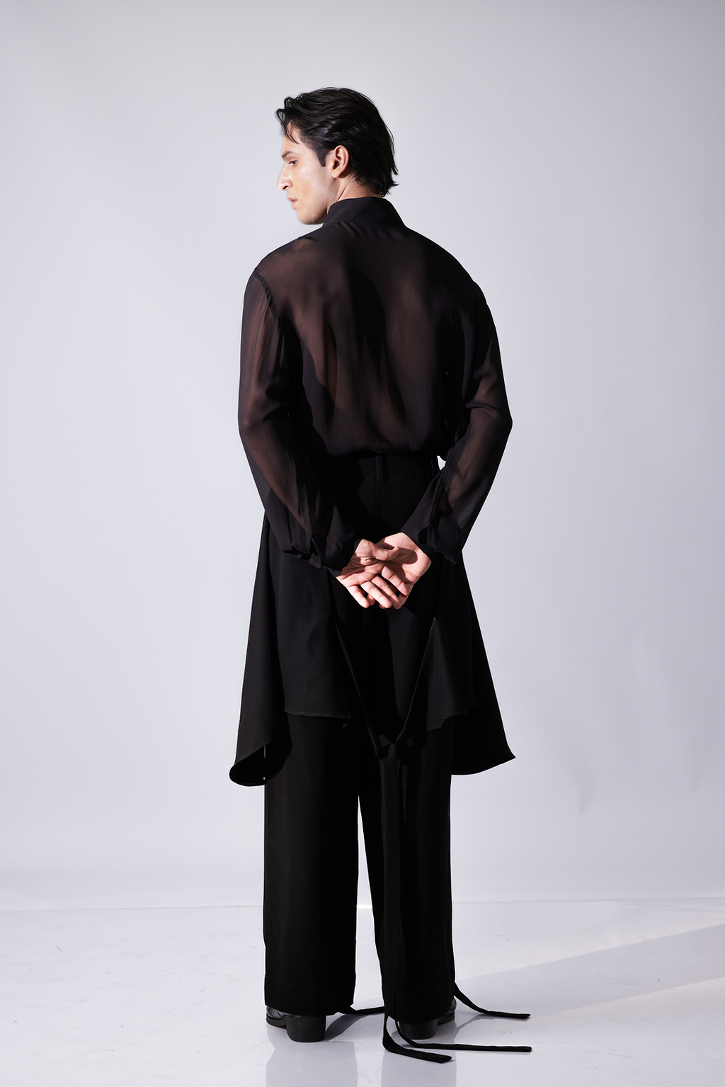 SHIRT - Black georgette chinese collar shirt