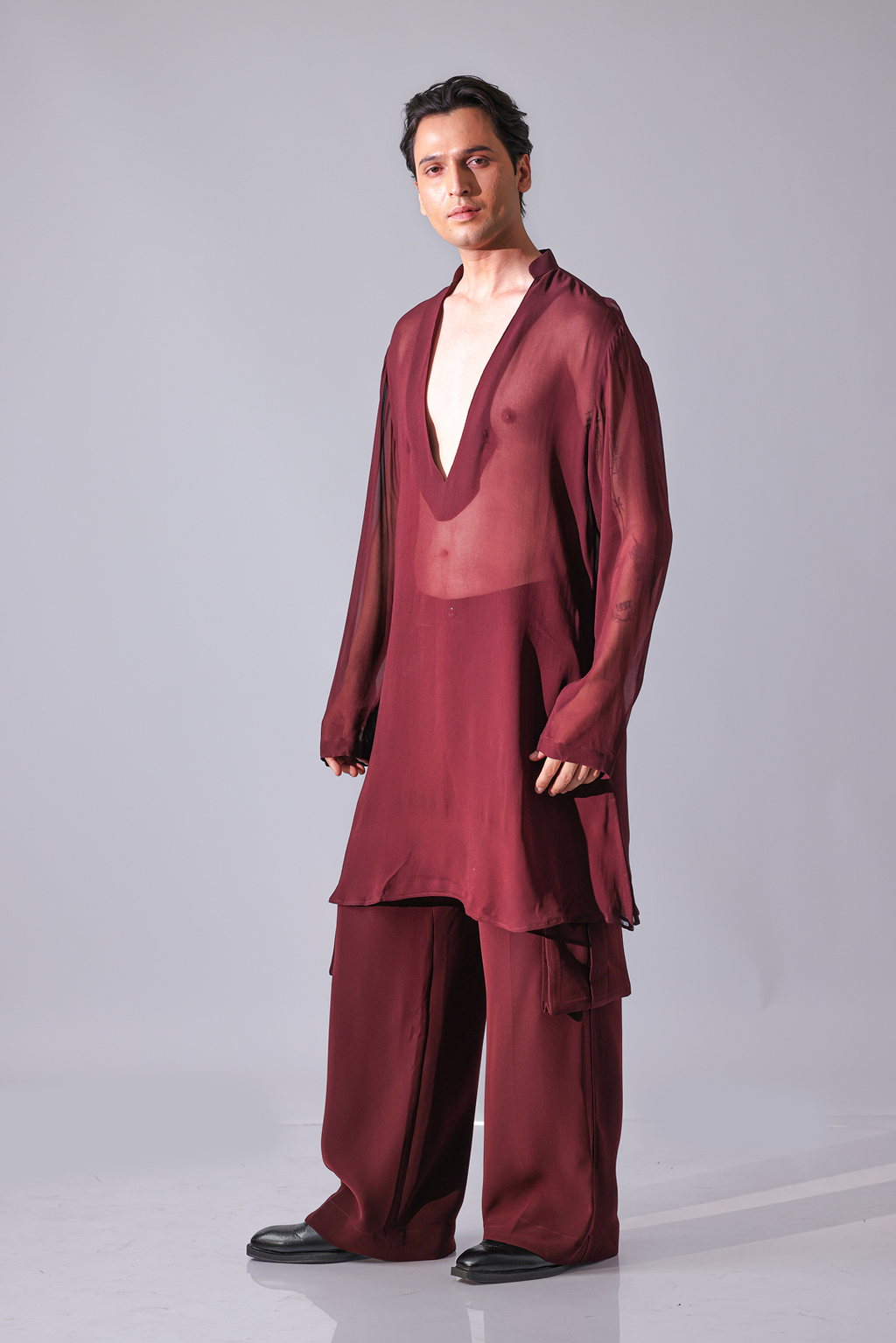 KURTA - Maroon Georgette v neck kurta