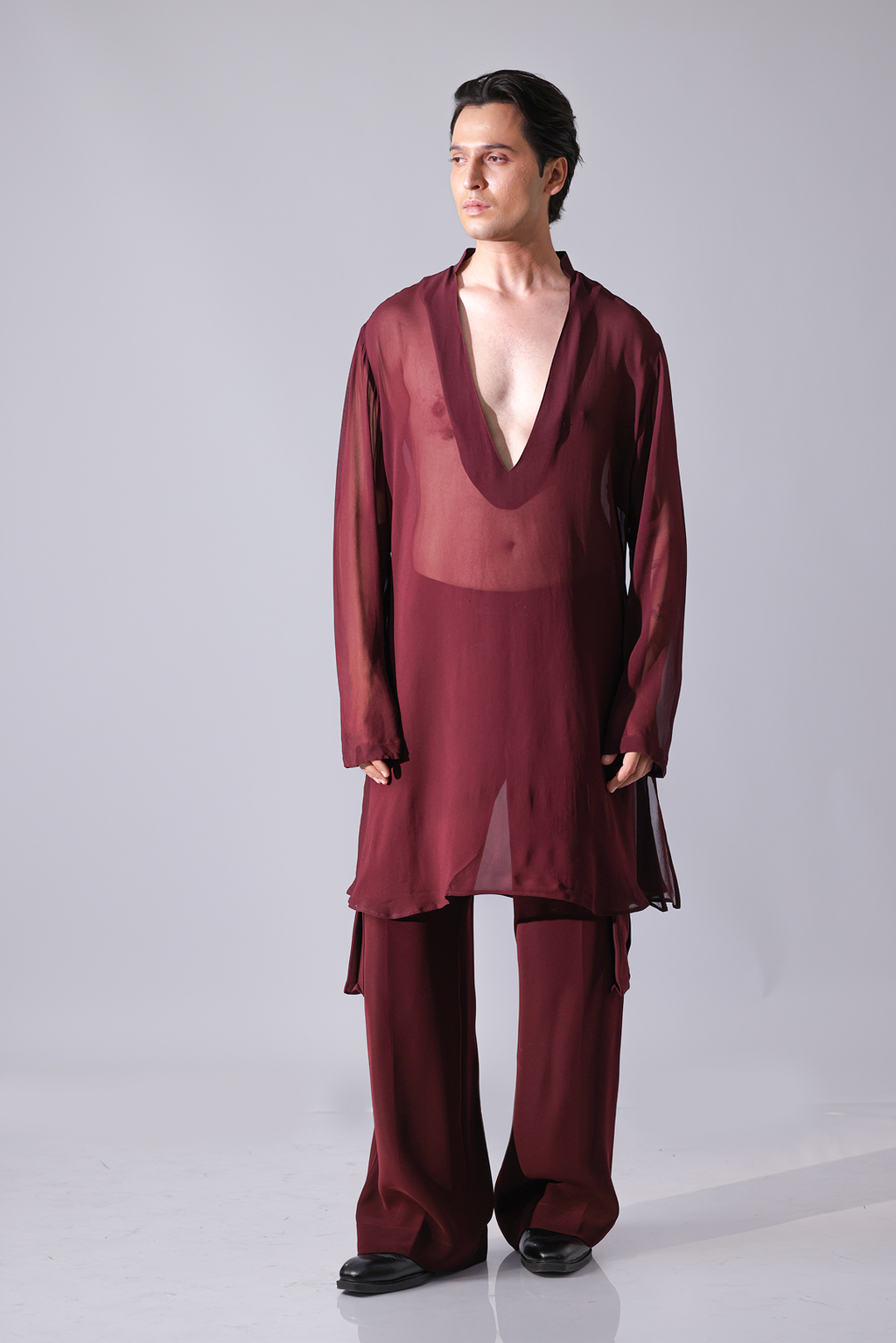 KURTA - Maroon Georgette v neck kurta