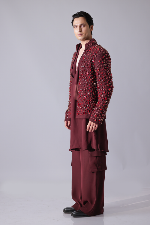 COAT - Maroon open jacket with rhinestone detailing