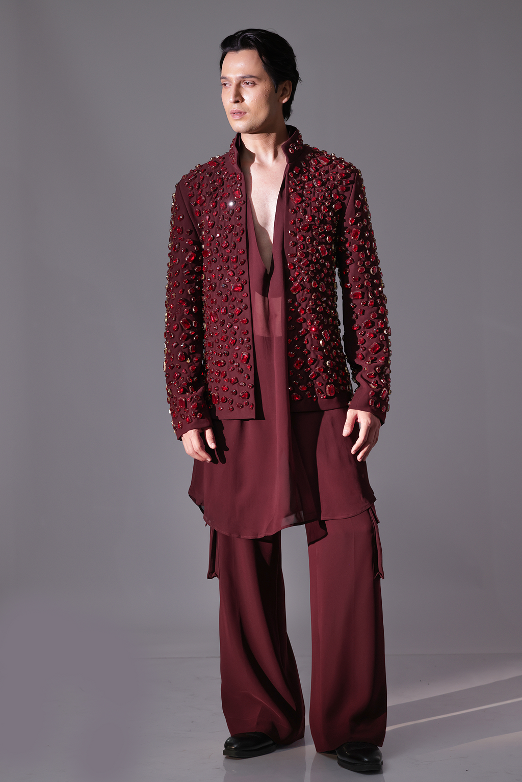 COAT - Maroon open jacket with rhinestone detailing